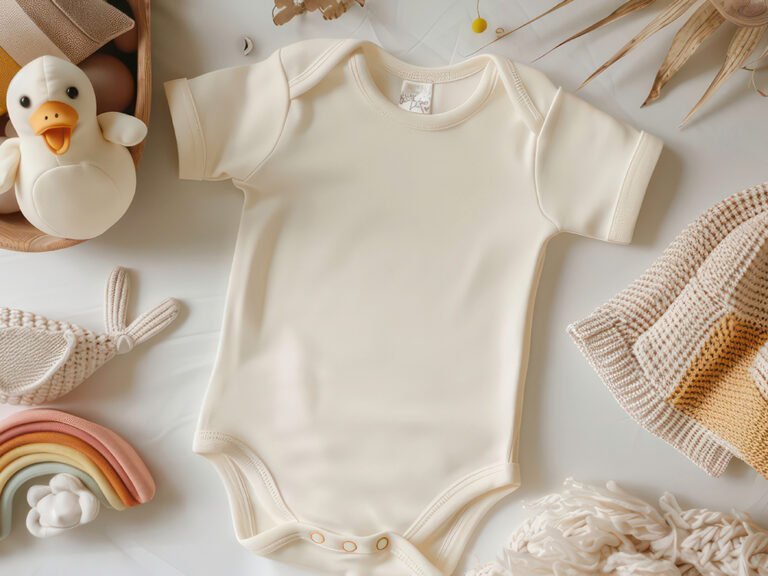 onesie surrounded by baby toys